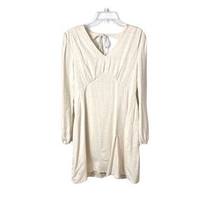 Sincerely Jules Oatmeal Linen Blend Cutout Smocked Long Sleeve Dress